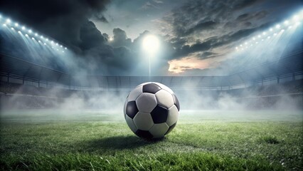 Soccer ball lost in mist on stadium lawn, grass, athletics,  grass, athletics, outdoor