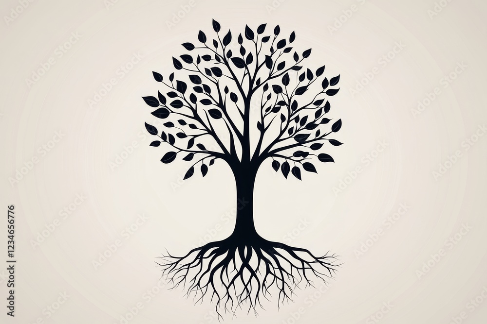 Aufkleber a minimalist illustration of a tall tree with deep roots, symbolizing substantial growth, rendered i