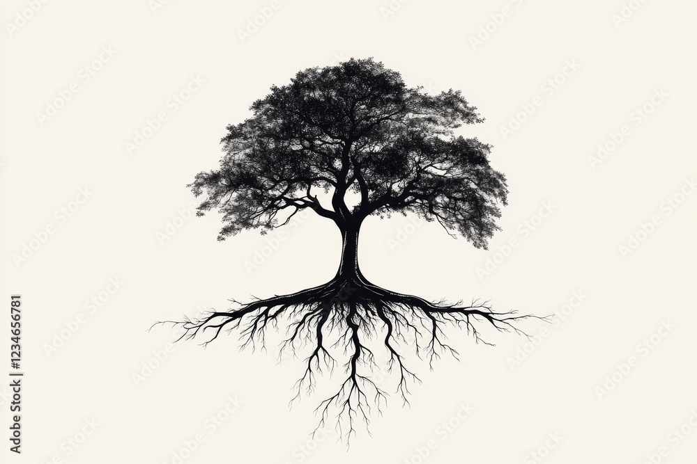 Poster A minimalist illustration of a tall tree with deep roots, symbolizing substantial growth, rendered in simple, clean lines with a neutral background