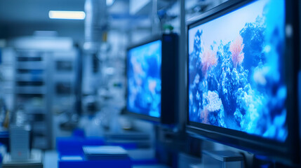 Underwater World Displayed on Monitors in a Modern Laboratory Setting