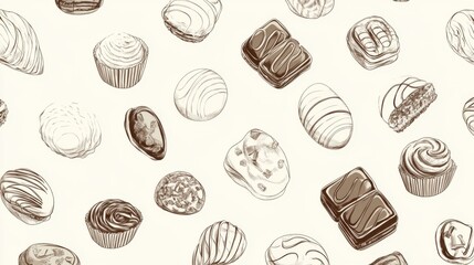 A variety of hand-drawn chocolates and confections spread across a light background