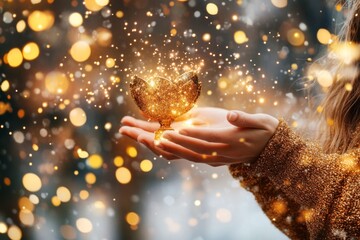 A person holding a glowing achievement trophy, symbolizing significant recognition in their field, in a grand hall with spotlights