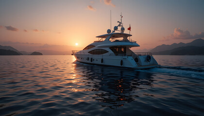 Luxury yacht sailing at sunset.