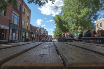 Fototapeta premium A rustic wooden picnic table stands vacant in an outdoor area, surrounded by blurry images of people and bustling markets