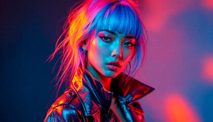 Obraz premium portrait of a asian woman on neon lights
