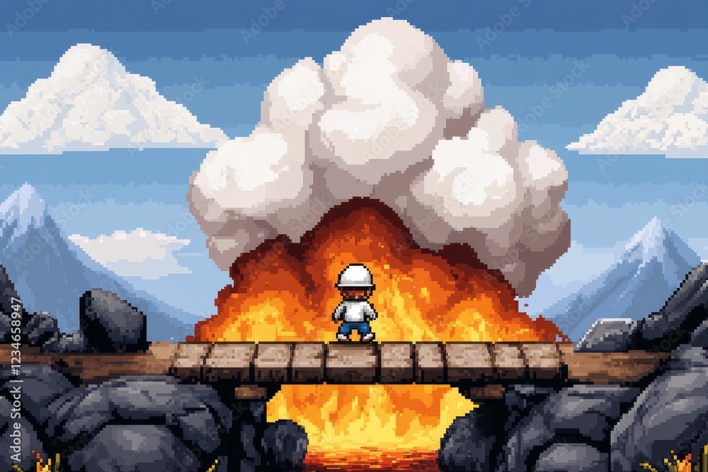Poster A pixel art character tentatively crossing a narrow bridge over a lava-filled chasm in a retro-style video game, with animated fire and glowing pixel effects