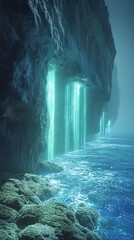 Obraz premium Light beams shine through cliff face into ocean water, misty setting