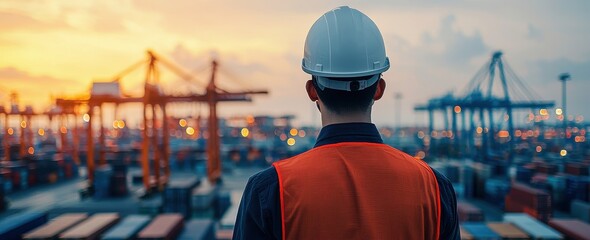 A worker in a safety helmet observes a busy shipping port at sunset, surrounded by cranes and containers.