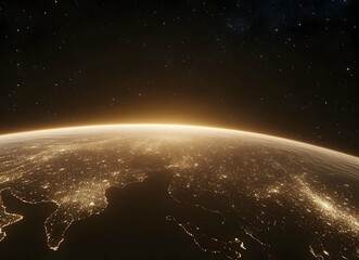 Naklejka premium Earth's Golden Hour: A breathtaking view of our planet from space, showcasing the mesmerizing glow of city lights against the backdrop of a starlit sky. A celestial spectacle.