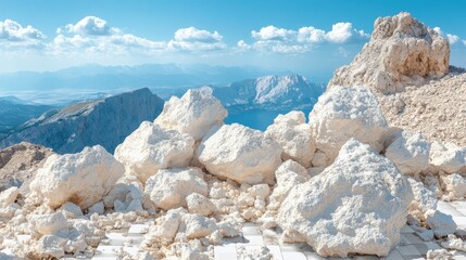 Panoramic view of off white, organically shaped rocks against a backdrop of a mountain range under a bright, partly cloudy sky. The foreground is