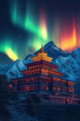 Fototapeta premium Majestic mountain temple illuminated by northern lights against a starry night sky