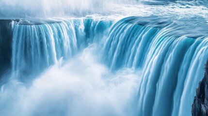 Majestic waterfall cascading, mist rising, cliff edge, nature background, travel imagery