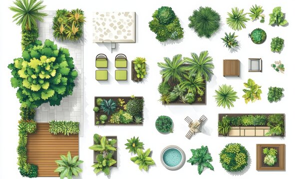 A top-down view showcasing a modern landscaping design with separate elements like wooden paths, decking, trees, benches, flower beds, bushes, and a picnic setup including a table and chairs