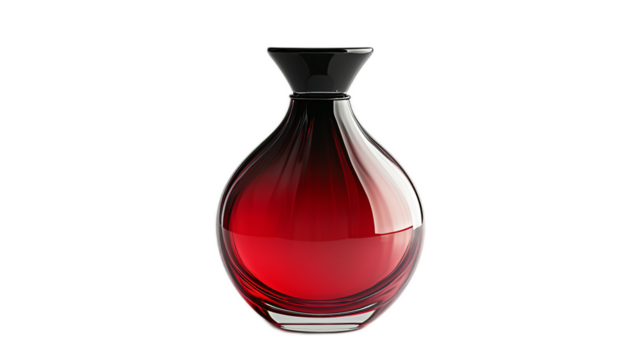 Elegant Glass Bottle with Red Liquid Displaying Curved Silhouette and Glossy Finish - Powered by Adobe
