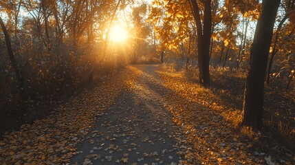 Fototapeta premium Autumn Forest Trail Blanketed in Colorful Leaves and Warm Sunlight