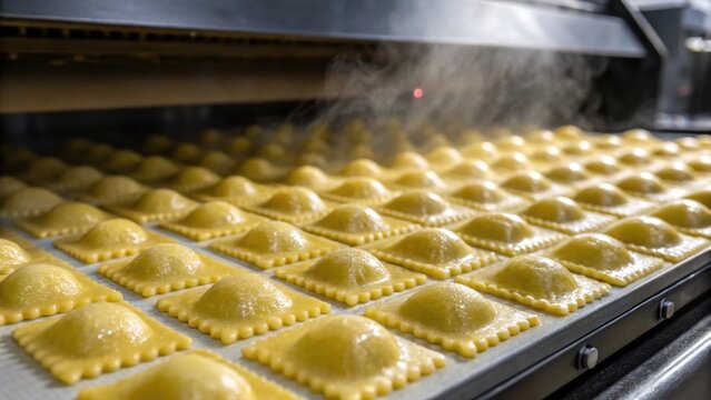 Fresh ravioli pasta coming out of an automatic cooking machine steaming hot and ready to be packaged in an industrial food processing plant