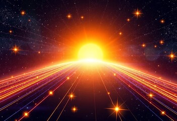 Bright Sun Rising Over A Starry Cosmic Highway
