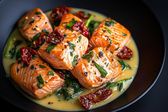 Salmon fillets cooked with herbs, sun-dried tomatoes, and sauce served in a black bowl on a dark surface