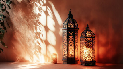 lit ornate moroccan lanterns casting leaf shadows on terracotta wall create cozy bohemian ambiance with warm festive lighting and intricate design showcasing atmospheric photography