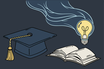 Graduation cap, glowing light bulb, open book, wispy blue smoke, dark background, wooden surface, knowledge concept, education symbolism, illumination metaphor, academic achievement, learning visua