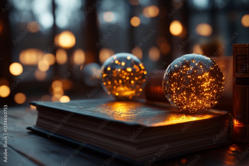 Poster A shadowy Gothic library with ancient books stacked alongside glowing orbs, each orb connected to its respective book by ethereal light