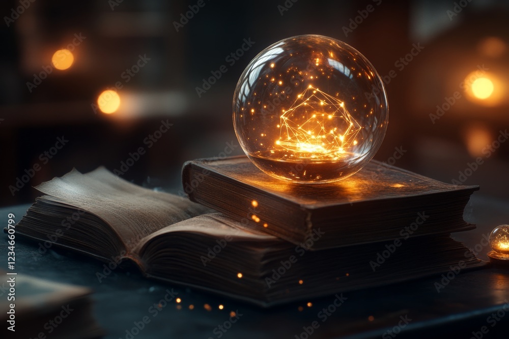 Poster A shadowy Gothic library with ancient books stacked alongside glowing orbs, each orb connected to its respective book by ethereal light