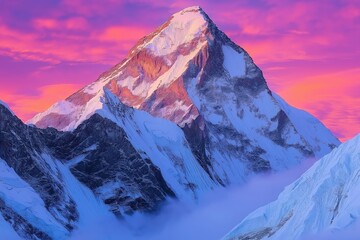 Fototapeta premium Majestic snow-capped mountain under a vibrant purple and pink sunset sky