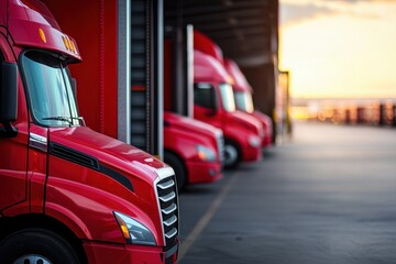 Red trucks lined up in a loading dock at sunset, showcasing a vibrant industrial setting with an emphasis on transportation.