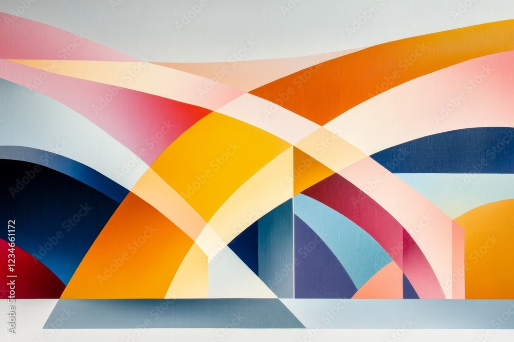 Poster A simple geometric depiction of a large bridge spanning across a valley, with sharp, clean lines and muted pastel tones