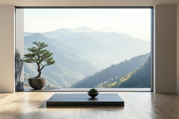 minimalist zen garden room with bamboo flooring, single bonsai tree, and floor-to-ceiling window overlooking mountains