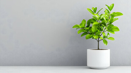 Minimalist plant in white pot against grey wall; home decor