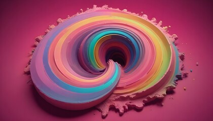 Colorida forma abstracta en 3D con capas arremolinadas de colores del arco iris sobre un fondo rosa intenso