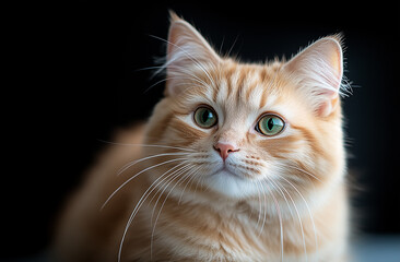 Orange furred cat with green eyes gazes intently against a dark background in a cozy indoor setting