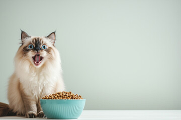 Excited cat eagerly anticipating its meal in a modern kitchen setting with a light backdrop