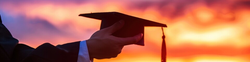 Close-up of a hand holding a graduation cap against a sunset, sky painted in shades of orange and purple.