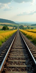 Fototapeta premium A scenic railroad track running through a picturesque countryside landscape