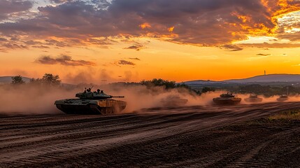 Panoramic View of Tanks Advancing Under Dusty Sky at Sunset