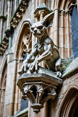 Obraz premium A dramatic close-up of a gothic cathedral gargoyle, showcasing its weathered stone texture and intricate craftsmanship. A mysterious and powerful symbol of medieval architecture.