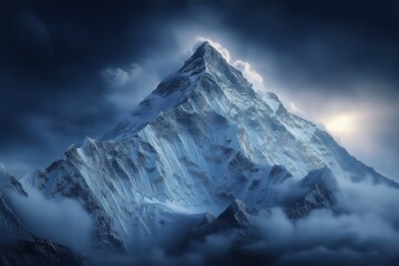 Obraz premium Majestic snow-covered mountain peak rising through clouds at dusk under a dramatic sky