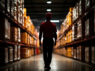 A warehouse worker walks through aisles of stacked boxes, silhouetted against the rows of organized inventory, emphasizing logistics and efficiency.