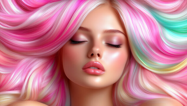 Young woman with vibrant pink and pastel hair, eyes closed, showcasing a colorful and dreamy hairstyle in a serene setting