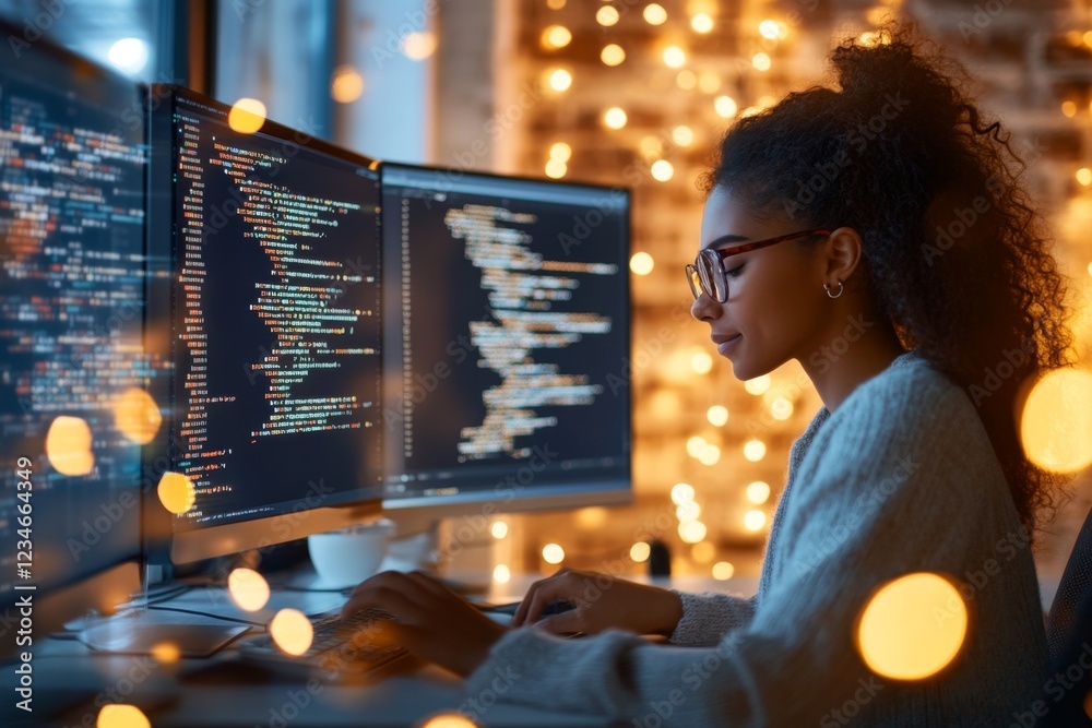 Poster A tech prodigy coding intensely on multiple monitors, with lines of code glowing on the screens in a dimly lit room