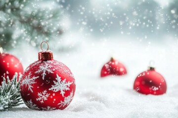 Fototapeta premium Red Christmas Ornaments in Snow