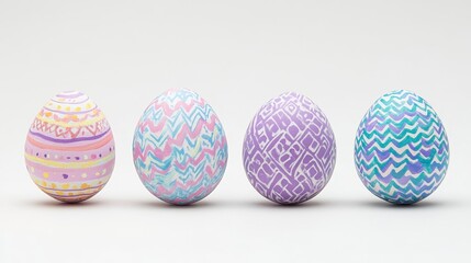 Obraz premium Four pastel colored Easter eggs with pixelated patterns on a white background. The eggs feature soft pink, purple, blue, and yellow hues with