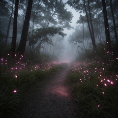 Obraz premium A trail of pink fireflies against a misty white background.