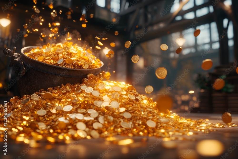 Poster a vibrant 3d depiction of a substantial pile of gold coins and treasures in an adventurer vault, wit