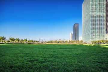 Obraz premium Lush Green Park in Urban City with Modern Skyscrapers