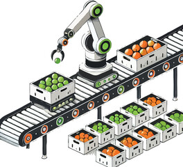 A sorting and packing robot in an industrial setting. The robotic arm is sorting green and orange fruits.