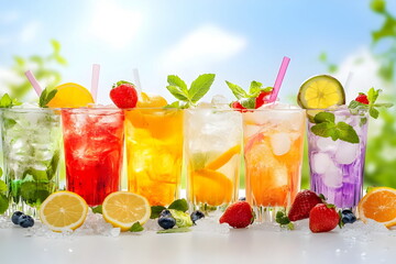 row of fresh fruit cocktails