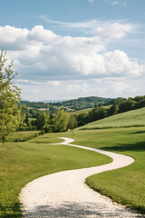 Serene Winding Path Through Rolling Hills